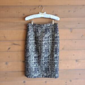 Alice & Olivia Tweed Skirt Brown Gold Wool High Rise Pencil Midi 6 Metallic Gold